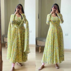 Green floral anarkali gown dupatta set